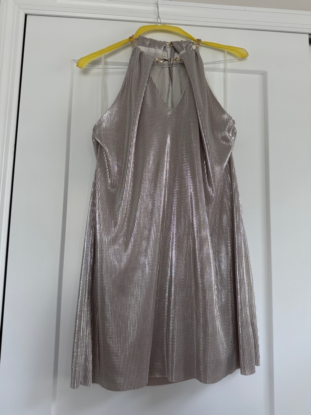 Metallic Pleated Halter Mini Dress - Silver